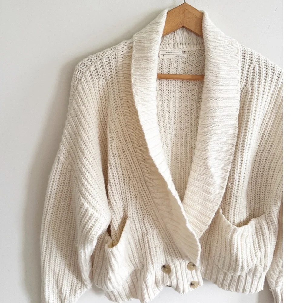 Anthropologie cream slouchy chunky Oversized Wool Blend Cardigan w/Pockets Sz M